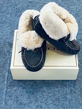 Acorn Dark Brown Suede Moccasin Slippers with Cream Shearling Lining